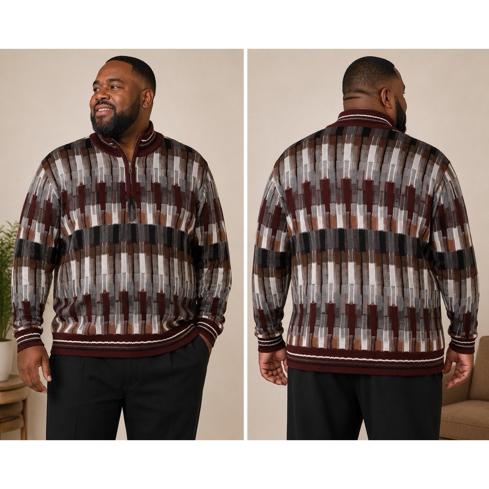 NWT Stacy Adams Mens 5XL Full Zip Knit Sweater Burgundy Gray Geometric Pattern